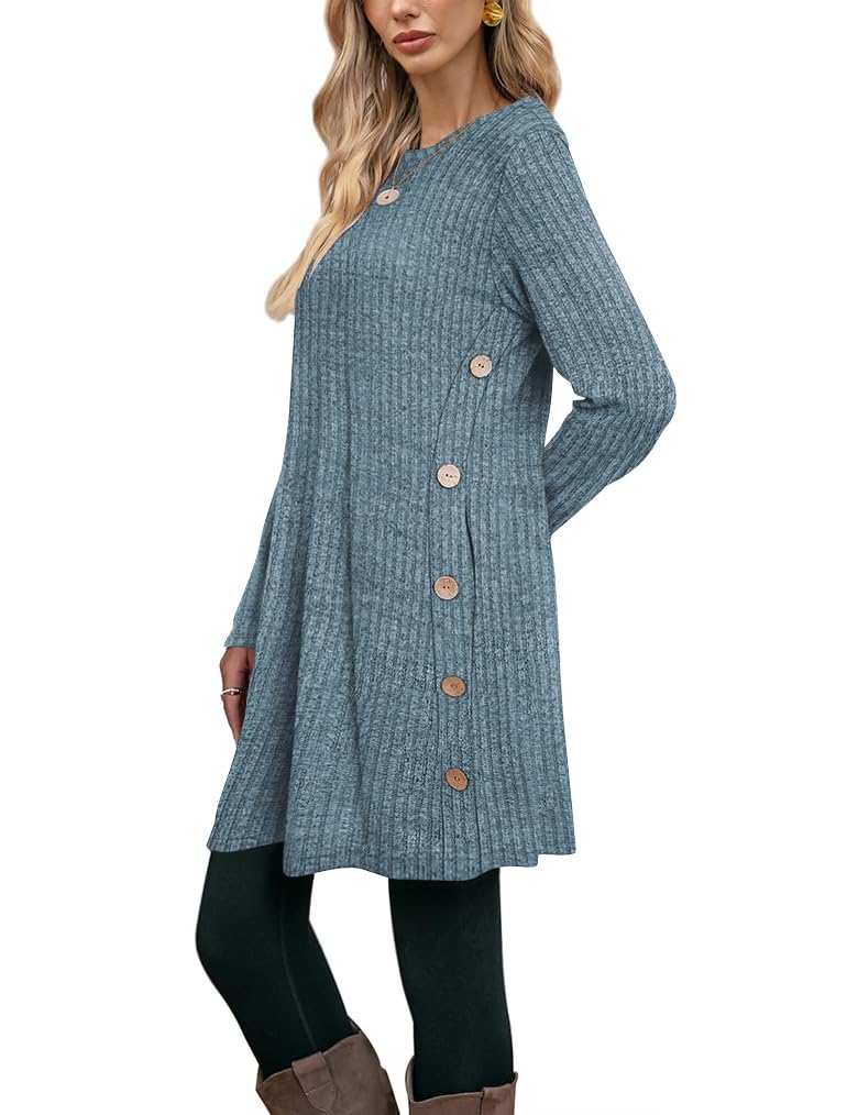 Poetsky Long Sleeve Swing Dress for Women Ribbed Flare Tunic Sweater Dresses Fall Spring Dresses 2026 Above Knee Blue M - Image 3