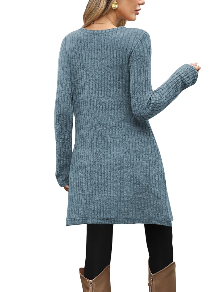 Poetsky Long Sleeve Swing Dress for Women Ribbed Flare Tunic Sweater Dresses Fall Spring Dresses 2026 Above Knee Blue M - Image 2