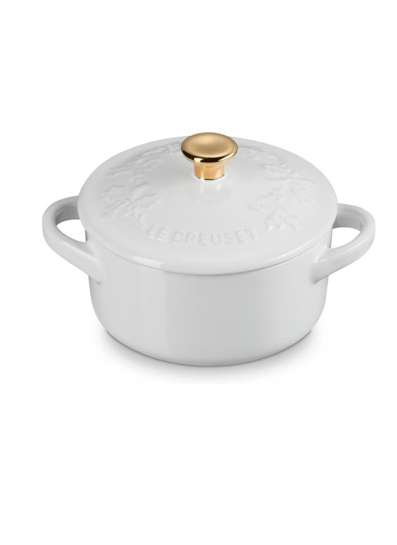 Le Creuset Le Creuset Stoneware Holly Collection Mini Round Cocotte, 8 Oz, White with Gold Knob  - Image 1