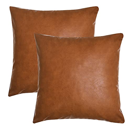 Tosewever Faux Leather Throw Pillow Covers 18 x 18 inch Set of 2 Luxury Cognac Brown Modern Pillowcases Solid Decorative Square Cushion Cases for Bedroom Living Room Couch Bed Sofa Brown 18 x 18