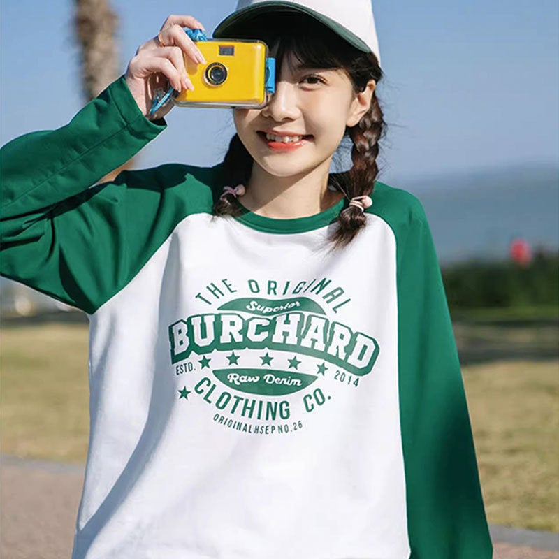 T-Shirt Long T-Shirt White Stitching Black Sleeve Long T-Shirt Trendy Raglan Sleeve Design Sense Printed All-Match Base Shirt - Image 2