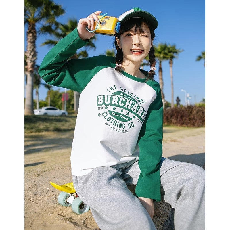 T-Shirt Long T-Shirt White Stitching Black Sleeve Long T-Shirt Trendy Raglan Sleeve Design Sense Printed All-Match Base Shirt - Image 4
