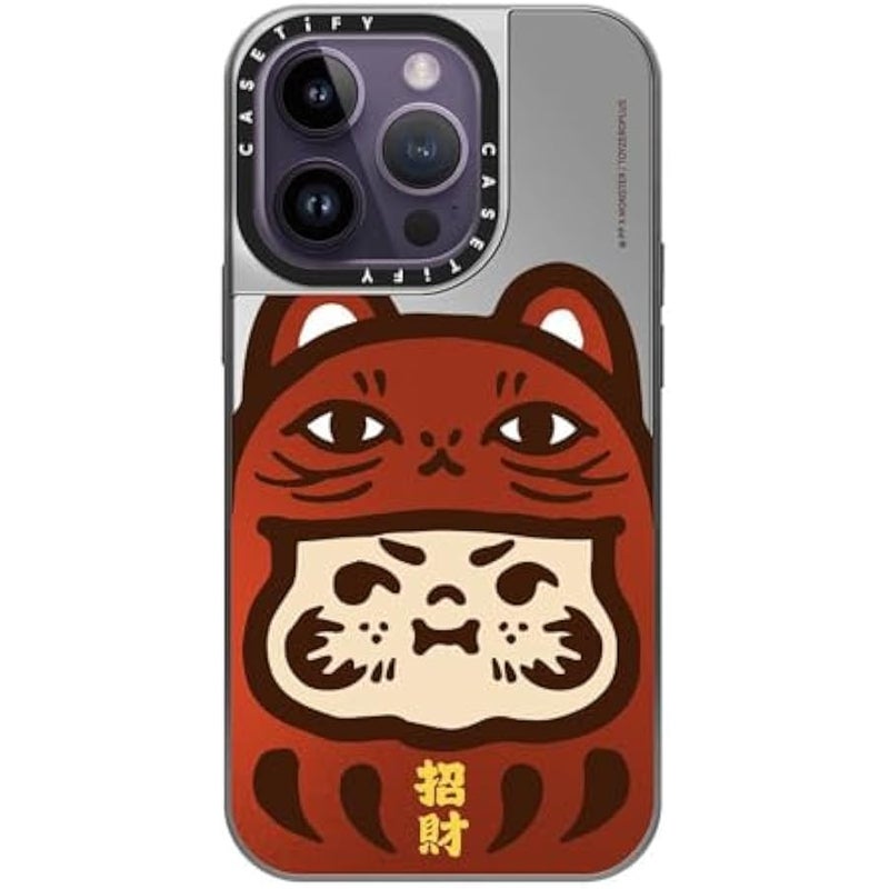 Casetify Mirror Case for iPhone 14 Pro Compatible with Magsafe - PP Baby Lucky Cat Daruma Red Metallic - Silver on Silver - Image 2