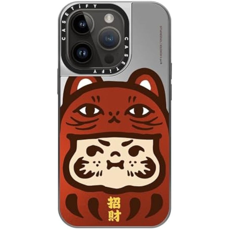 Casetify Mirror Case for iPhone 14 Pro Compatible with Magsafe - PP Baby Lucky Cat Daruma Red Metallic - Silver on Silver - Image 3