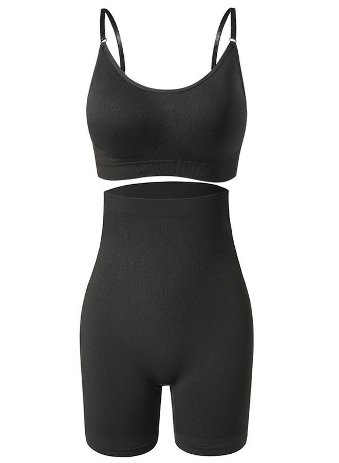 Loquat Women's Fitness Set 2-piece Seamless Wireless Bra+High Waisted Legging Shorts Yoga Suit Black  - Image 3