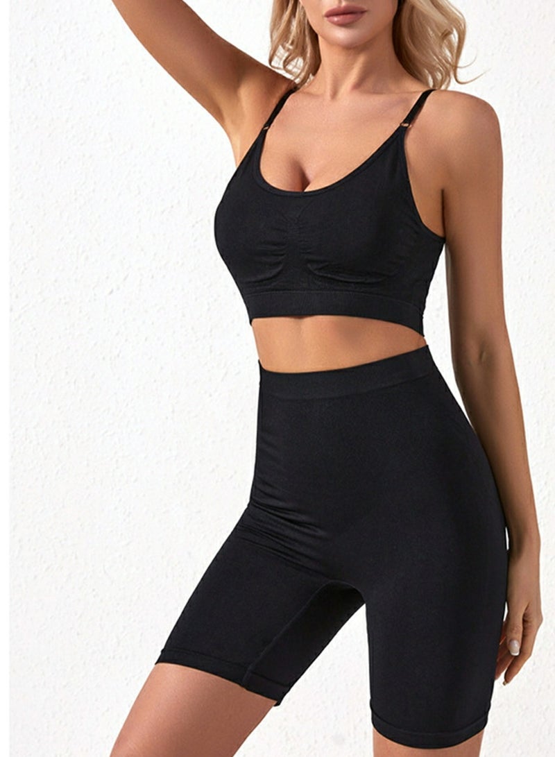 Loquat Women's Fitness Set 2-piece Seamless Wireless Bra+High Waisted Legging Shorts Yoga Suit Black  - Image 2