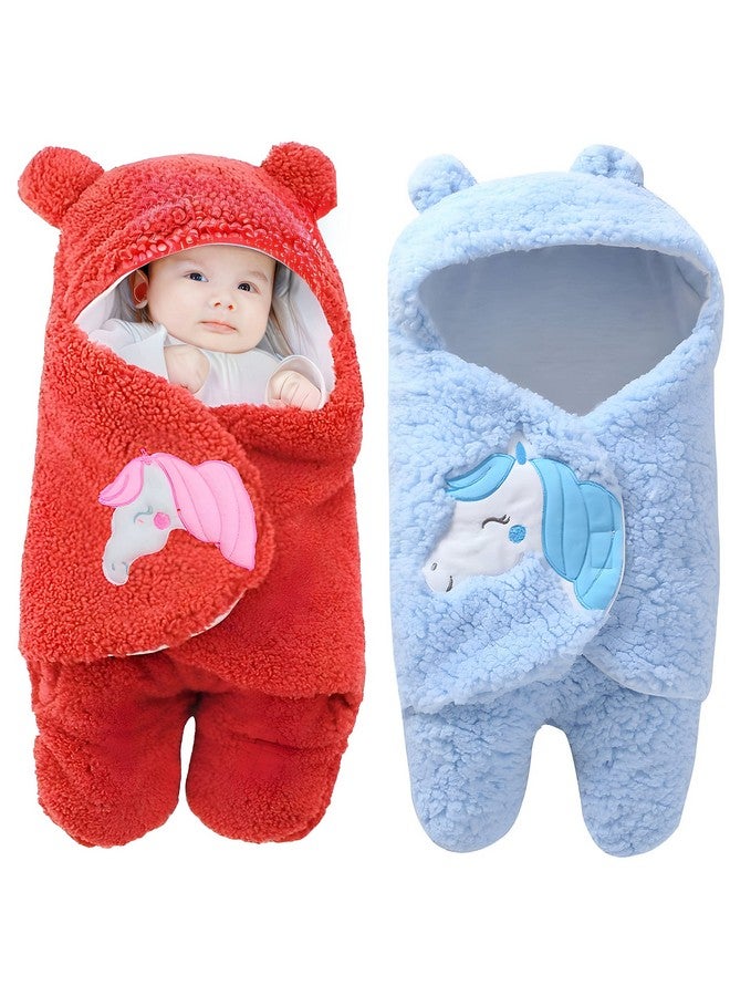 Brandonn Baby Blankets New Born Combo Of Hooded Wrapper Cum Baby Sleeping Bag,(3-6 Months) Red & Sky Blue, Pack Of 2 - Image 1