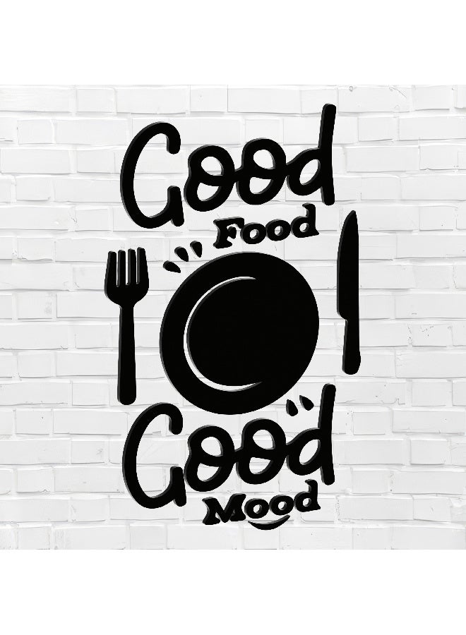 ديكور جداري خشبي عالي الجودة للمطبخ فن جداري للمطبخ بكلمة "Good Food Good Mood" مصنوع من خشب MDF الإسباني، باللون الأسود، بسماكة 6 ملم. يتميز بتصميم ثلاثي الأبعاد عصري وأنيق، مزوّد بشريط لاصق مزدوج الوجه لسهولة التركيب. جاهز للتثبيت فورًا ويمنح مطبخك لمسة فنية راقية - Image 1