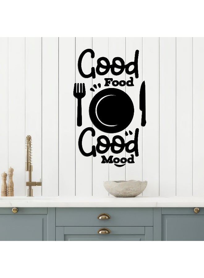 ديكور جداري خشبي عالي الجودة للمطبخ فن جداري للمطبخ بكلمة "Good Food Good Mood" مصنوع من خشب MDF الإسباني، باللون الأسود، بسماكة 6 ملم. يتميز بتصميم ثلاثي الأبعاد عصري وأنيق، مزوّد بشريط لاصق مزدوج الوجه لسهولة التركيب. جاهز للتثبيت فورًا ويمنح مطبخك لمسة فنية راقية - Image 3