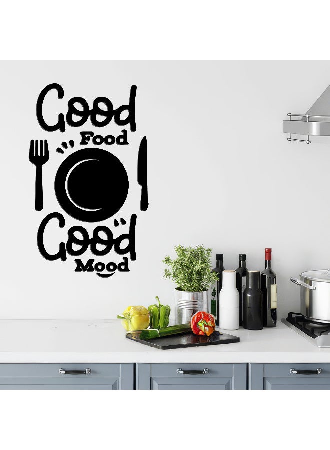 ديكور جداري خشبي عالي الجودة للمطبخ فن جداري للمطبخ بكلمة "Good Food Good Mood" مصنوع من خشب MDF الإسباني، باللون الأسود، بسماكة 6 ملم. يتميز بتصميم ثلاثي الأبعاد عصري وأنيق، مزوّد بشريط لاصق مزدوج الوجه لسهولة التركيب. جاهز للتثبيت فورًا ويمنح مطبخك لمسة فنية راقية - Image 4