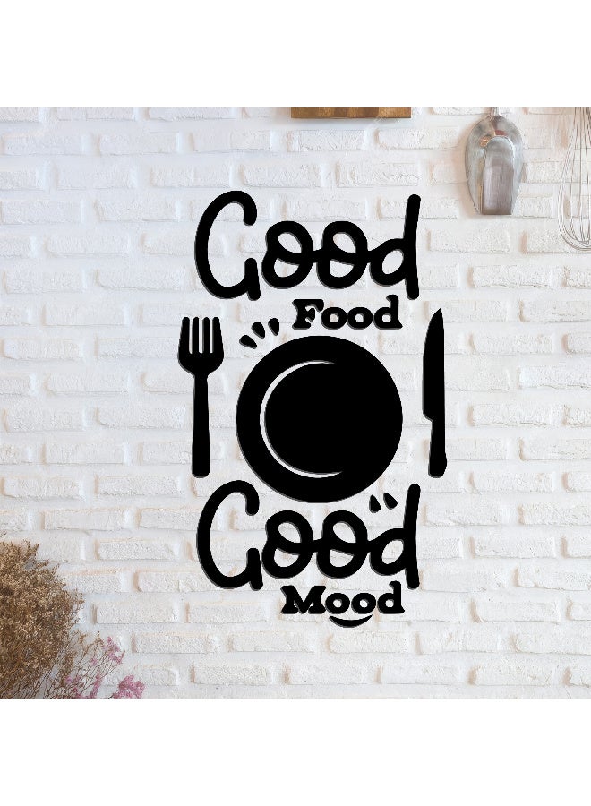 ديكور جداري خشبي عالي الجودة للمطبخ فن جداري للمطبخ بكلمة "Good Food Good Mood" مصنوع من خشب MDF الإسباني، باللون الأسود، بسماكة 6 ملم. يتميز بتصميم ثلاثي الأبعاد عصري وأنيق، مزوّد بشريط لاصق مزدوج الوجه لسهولة التركيب. جاهز للتثبيت فورًا ويمنح مطبخك لمسة فنية راقية - Image 2