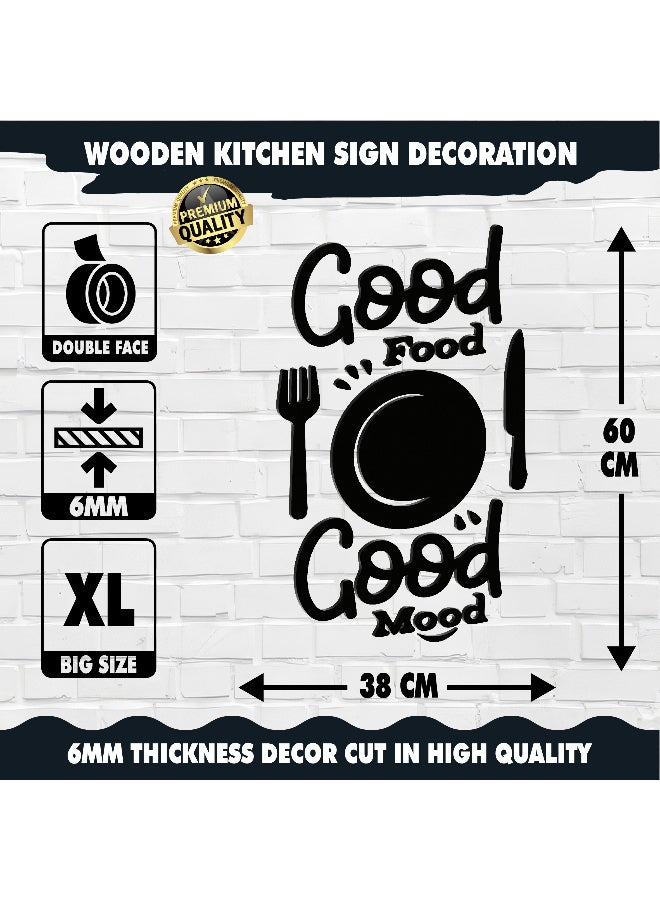 ديكور جداري خشبي عالي الجودة للمطبخ فن جداري للمطبخ بكلمة "Good Food Good Mood" مصنوع من خشب MDF الإسباني، باللون الأسود، بسماكة 6 ملم. يتميز بتصميم ثلاثي الأبعاد عصري وأنيق، مزوّد بشريط لاصق مزدوج الوجه لسهولة التركيب. جاهز للتثبيت فورًا ويمنح مطبخك لمسة فنية راقية - Image 5