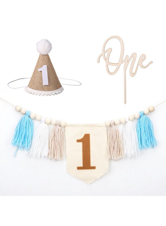 PEUTIER 1st Birthday High Chair Banner, Wood Bead Highchair Tassel Banner with Cake Topper And Hat Boho Style Birthday Photo Backdrop Wall Hangings for Kids Birthday Party Decoration  - Image 3