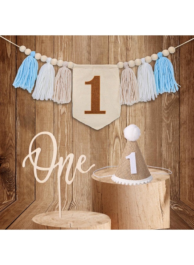 PEUTIER 1st Birthday High Chair Banner, Wood Bead Highchair Tassel Banner with Cake Topper And Hat Boho Style Birthday Photo Backdrop Wall Hangings for Kids Birthday Party Decoration  - Image 1