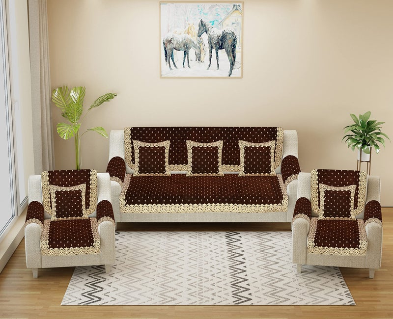 Dazzling DECOR Velvet Sofa Cover with Arm Cover and Cushion Covers Set of 5 Seater - Sofa Covers 3 Seater and 2 Seater Full Cover Set for Couch Seat - Heavy Fabric Sofa Slip Protector, 2801_Brown - Image 1
