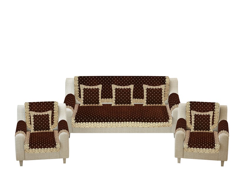 Dazzling DECOR Velvet Sofa Cover with Arm Cover and Cushion Covers Set of 5 Seater - Sofa Covers 3 Seater and 2 Seater Full Cover Set for Couch Seat - Heavy Fabric Sofa Slip Protector, 2801_Brown - Image 2