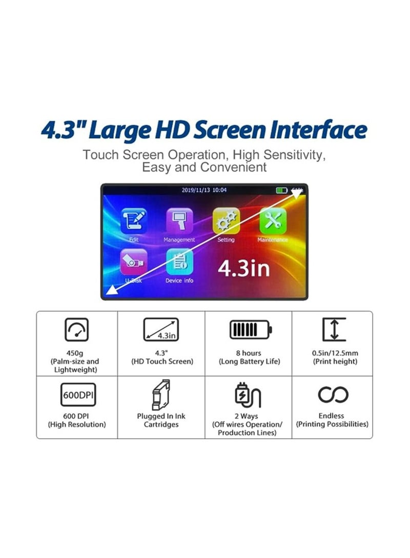 BENTSAI BT-HH6105B2 Handheld Inkjet Printer with HD LED Touch Screen for Logo Barcode Label Series Number Production Date (Blue, 4.3In) - Image 2