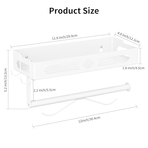 MAYZOLOP Paper Towel Holder with Shelf, One Hand Tear, Paper Towel Holder Wall Mount with 2 Detachable Hooks for Kitchen, Bathroom, White - Image 4