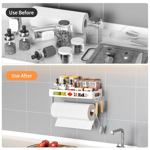 MAYZOLOP Paper Towel Holder with Shelf, One Hand Tear, Paper Towel Holder Wall Mount with 2 Detachable Hooks for Kitchen, Bathroom, White - Image 3
