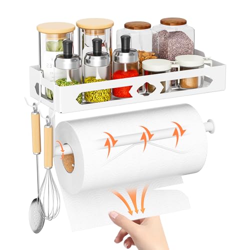 MAYZOLOP Paper Towel Holder with Shelf, One Hand Tear, Paper Towel Holder Wall Mount with 2 Detachable Hooks for Kitchen, Bathroom, White - Image 2
