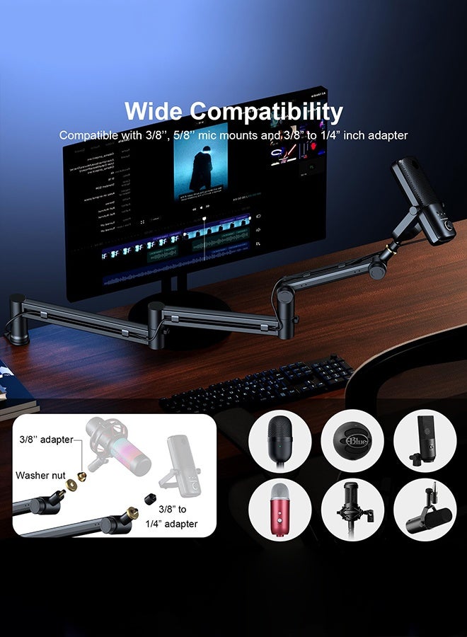 WALALLA Compact Microphone Arm for Streaming - Slim Profile Boom Stand Compatible with Blue Yeti/QuadCast/Elgato Wave, Optimized for Small Desks & Clean Aesthetics, Cable Management - Image 5