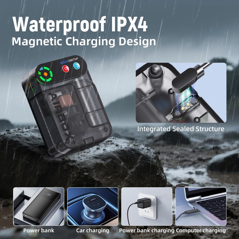 AQUASMITH Live Bait Aerator,Ultra-Long Battery Life,Rechargeable Aquarium Air Pump 4w/64GPH(4000mAh Dual Hole) IPX4 Magnetic Charging Design,Suitable for Fishing Enthusiasts,with Hose and Stone - Image 5