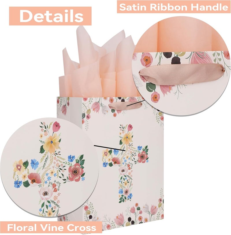 Qirrmiy 13" Large Light Yellow Floral Gift Bag Set with Greeting Card and Tissue Papers - Image 4