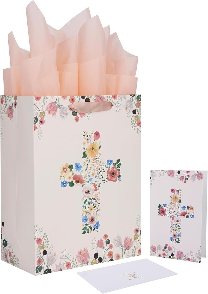 Qirrmiy 13" Large Light Yellow Floral Gift Bag Set with Greeting Card and Tissue Papers - Image 1