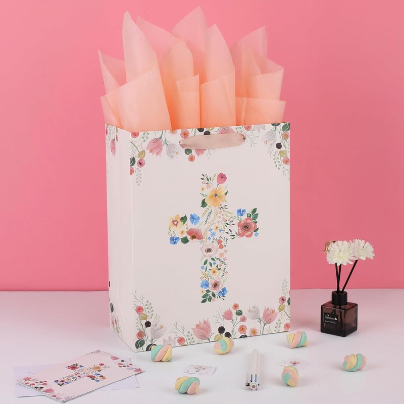 Qirrmiy 13" Large Light Yellow Floral Gift Bag Set with Greeting Card and Tissue Papers - Image 5