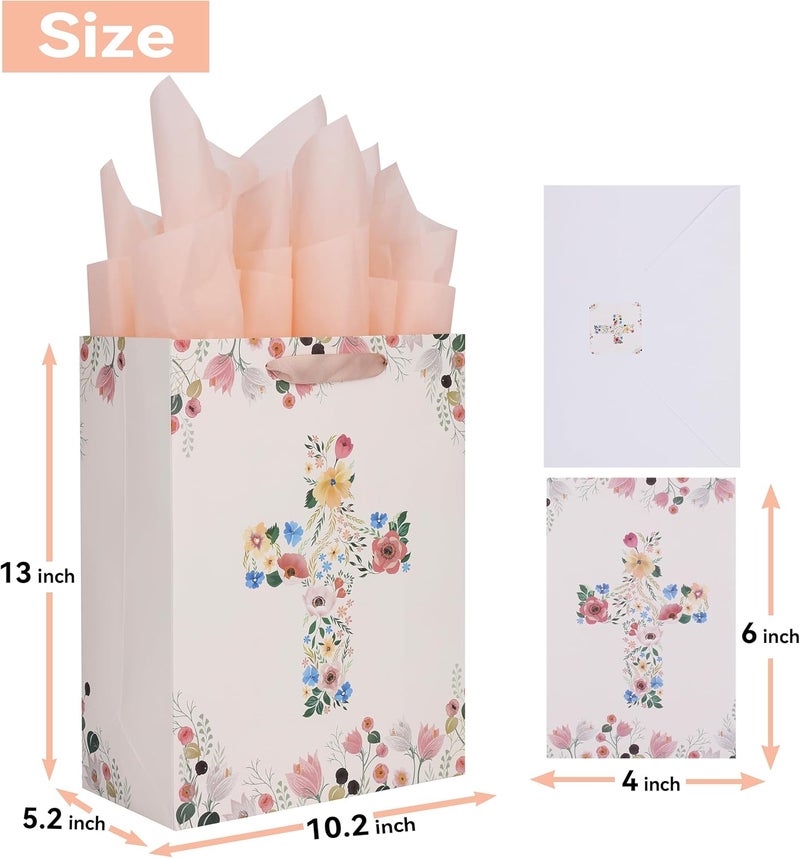 Qirrmiy 13" Large Light Yellow Floral Gift Bag Set with Greeting Card and Tissue Papers - Image 2