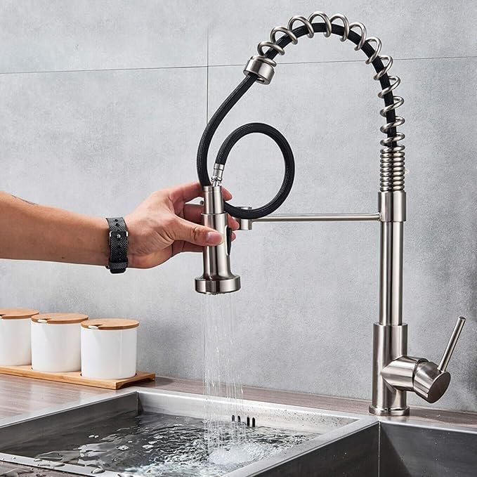 Valajogi Silver Spring WallMounted Kitchen TapHot Cold Mixer for Farmhouse Camper with 360 FunctionalityPullOut Feature Pull Down Faucet Stainless Steel Brushed Nickel Sink Faucet Sprayer - Image 4