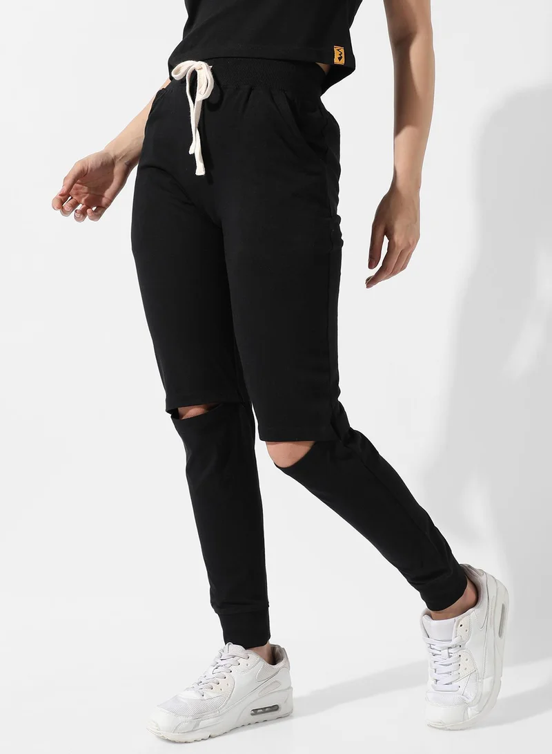 Pinacolada  Women's Solid Black Slashed-Knee Trackpants for Women | Best Price UAE