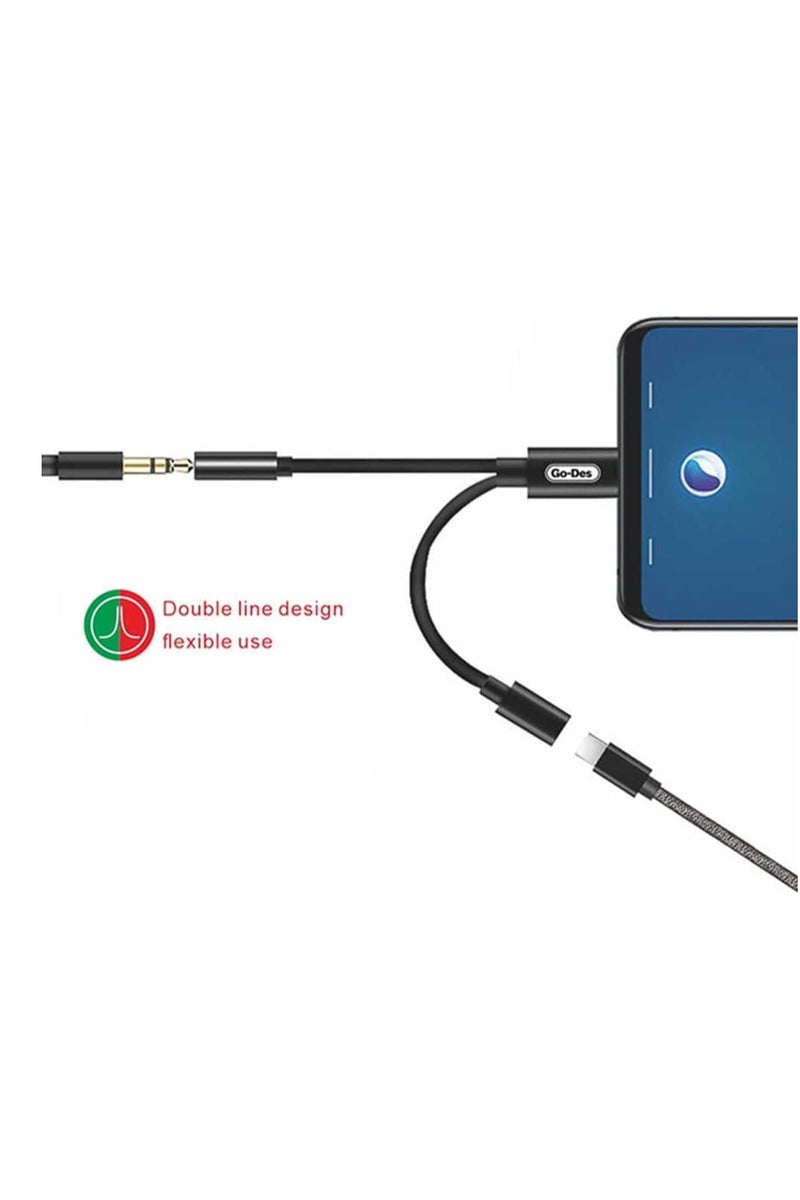 Go-Des 2 in 1 Series Type-C to Aux And Charge Converter Cable 15CM Line Length USB-C to 3.5mm Headphone Audio Adapter and Charging (GD-UC033/Black) - Image 2