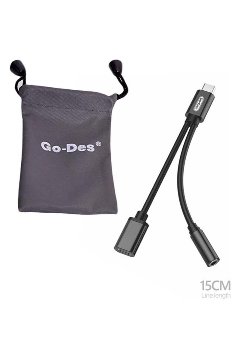 Go-Des 2 in 1 Series Type-C to Aux And Charge Converter Cable 15CM Line Length USB-C to 3.5mm Headphone Audio Adapter and Charging (GD-UC033/Black) - Image 1