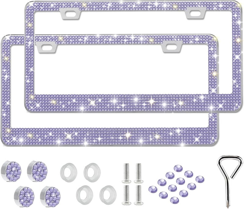 2 Pack Bling License Plate Frame for Women,Sparkly Rhinestone Stainless Steel License Plate Holder,Car Accessories with Glitter Crystal Caps (Purple)