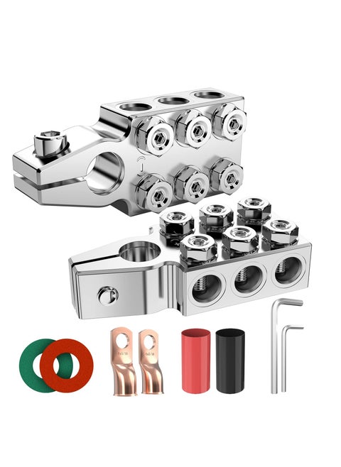 12-Way Battery Terminal Connectors, 8AWG up to 4/0(XL) AWG Gauge, Positive and Negative Clamps (1 Pair) for SAE/DIN/EN Tapered Top Post Connections
