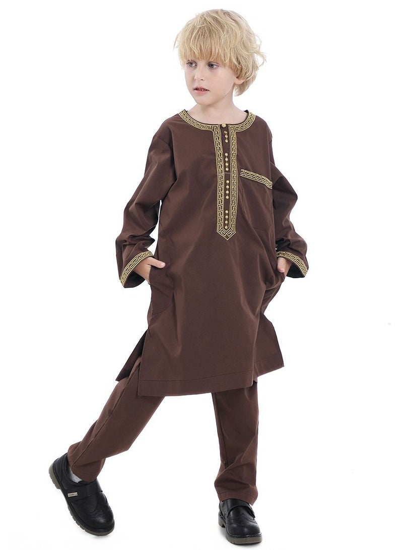 إسكدنيا Boy's Muslim Clothing Kaftan Set Middle East Youth Embroidered Robe Suit Round Neck Islamic Dress Arabic Wear Coffee  - Image 1