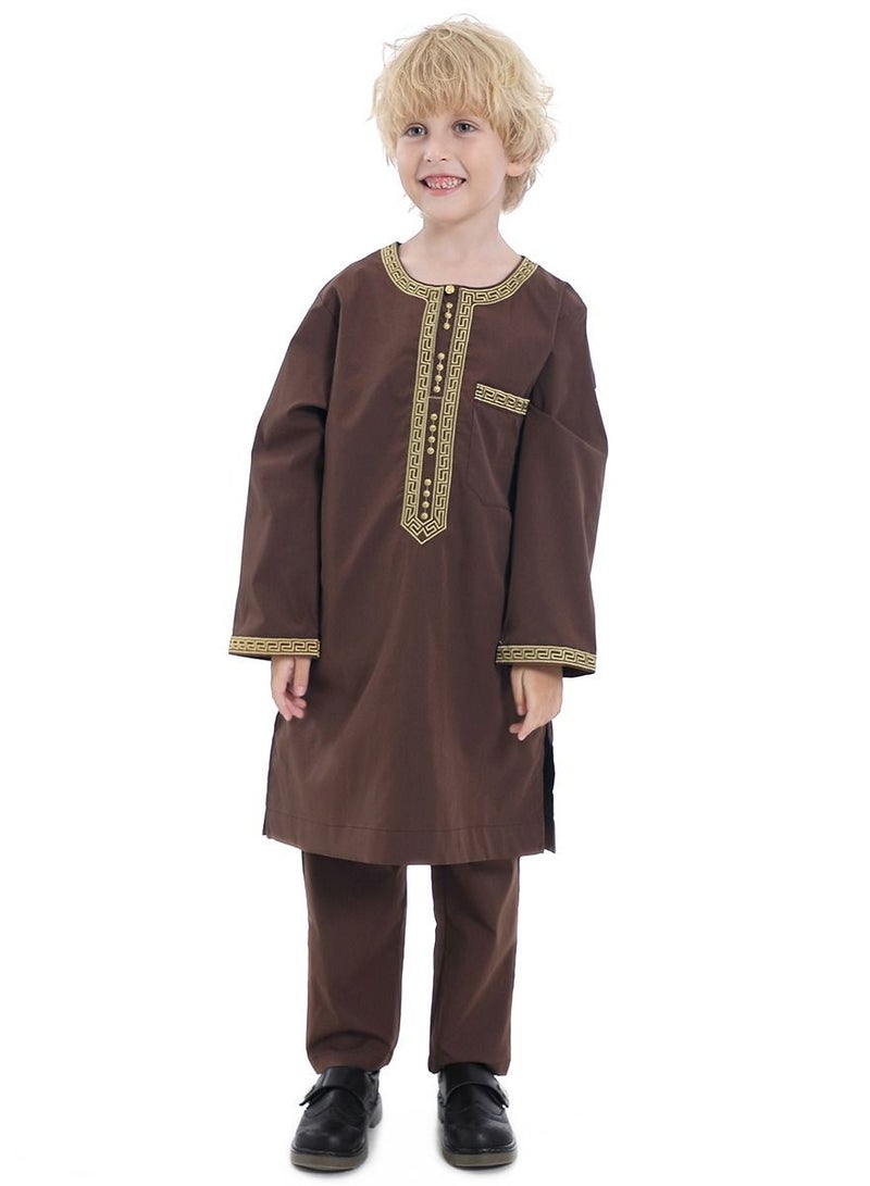 إسكدنيا Boy's Muslim Clothing Kaftan Set Middle East Youth Embroidered Robe Suit Round Neck Islamic Dress Arabic Wear Coffee  - Image 2