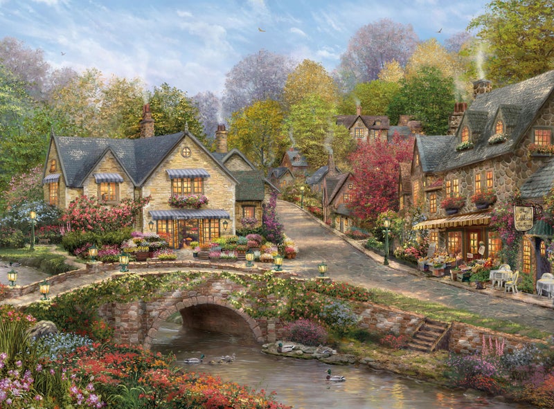 Buffalo Games - Silver Select - Thomas Kinkade - Summer in Cobblestone Village - 1000 Piece Jigsaw Puzzle for Adults -Challenging Puzzle Perfect for Game Nights - Finished Size is 26.75 x 19.75 - Image 1