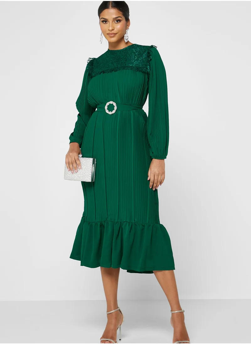 Khizana Pleat Dress With Embellished Belt Buckle