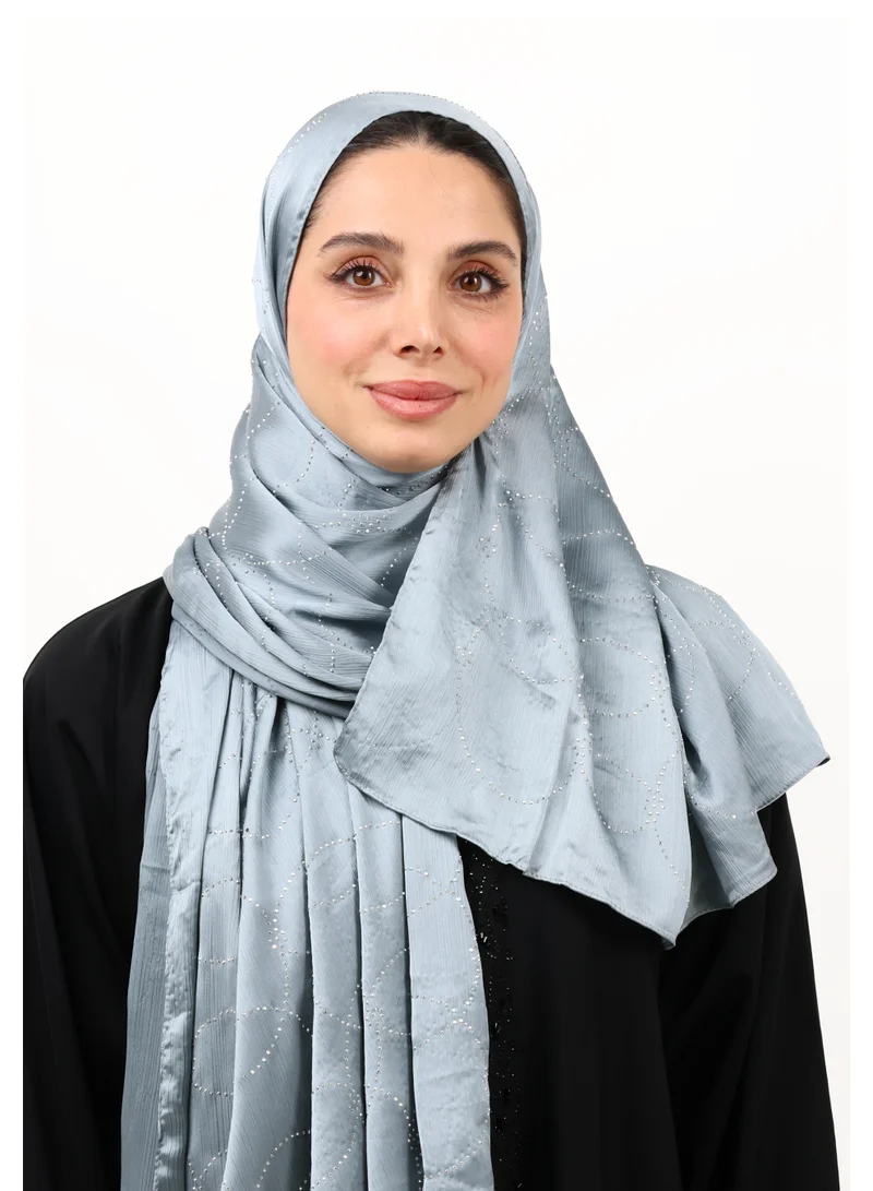 جميلة شيلة مونا ساتان فاخرة مزينة بالفصوص الكريستالية البراقة (أزرق رمادي / ستيل بلو)