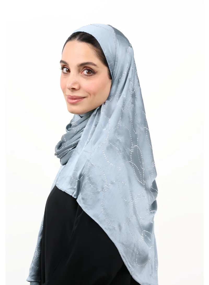 جميلة شيلة مونا ساتان فاخرة مزينة بالفصوص الكريستالية البراقة (أزرق رمادي / ستيل بلو)