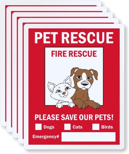 SmartSign 5-Pack 5" x 4" 'Pet Rescue Fire Rescue, Save Our Pets - Dogs, Cats, Emergency No.' Write-On Labels, 5.5 mil Laminated Vinyl, 3M Engineer Grade Reflective, Red/Black/White, USA-Made - Image 1