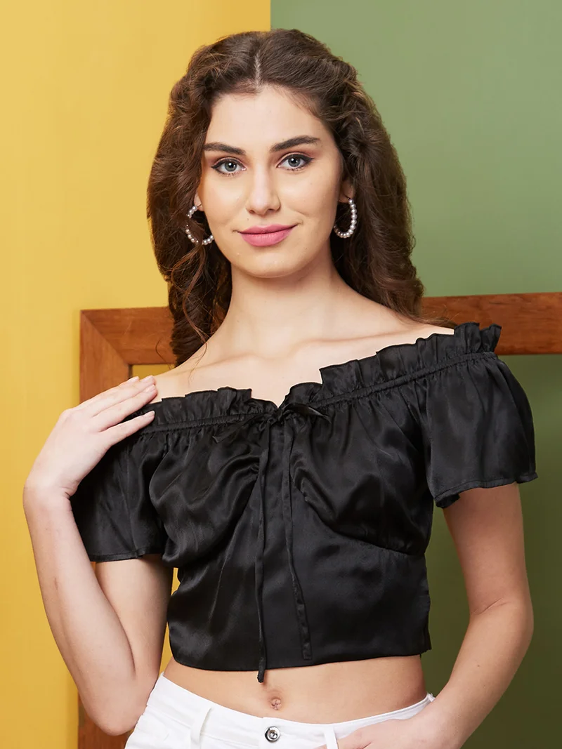 globus Women Black Off-Shoulder Waist Tie-Ups Crop Top