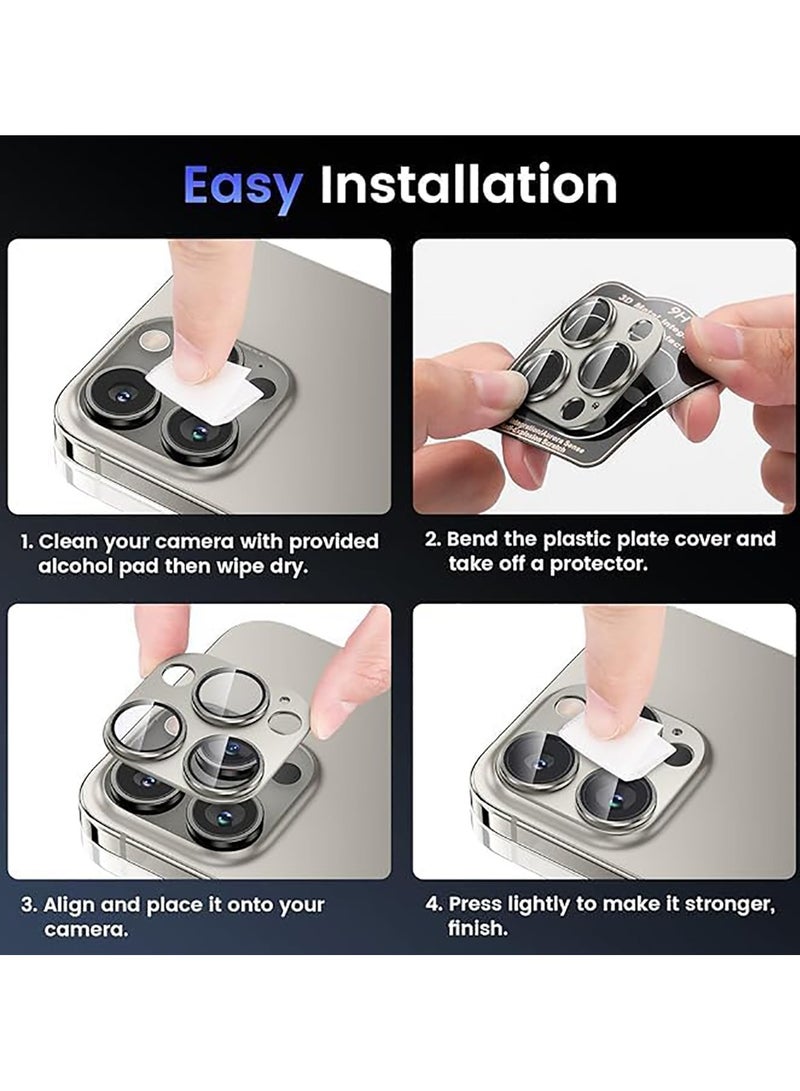 Tempered Glass Cover Camera Lens Protecto for iPhone 15 Pro / iPhone 15 Pro Max with Metal Ring Protector-Titanium