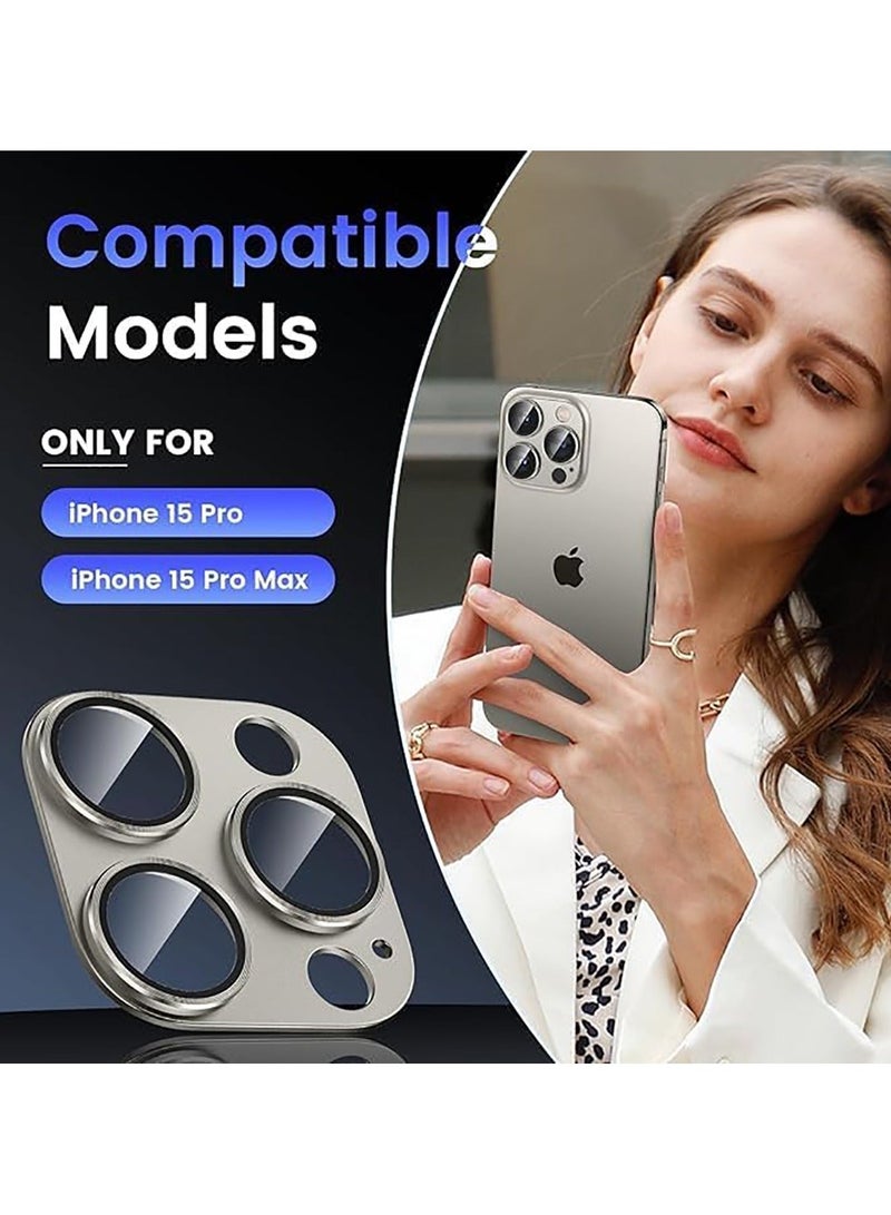 QIRG Tempered Glass Cover Camera Lens Protecto for iPhone 15 Pro / iPhone 15 Pro Max with Metal Ring Protector-Titanium - Image 2
