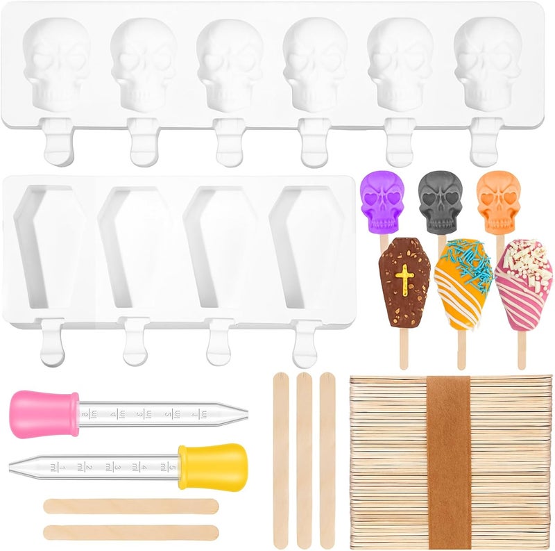 FillTouch 2 Pack Halloween Silicone Ice Cream Mold Homemade Mold Kits Silicone Ice Pops with 50 Wooden Sticks and 2 Droppers Craft Sticks for Baking and Home Snacks DIY (Coffin, Skull) - Image 1