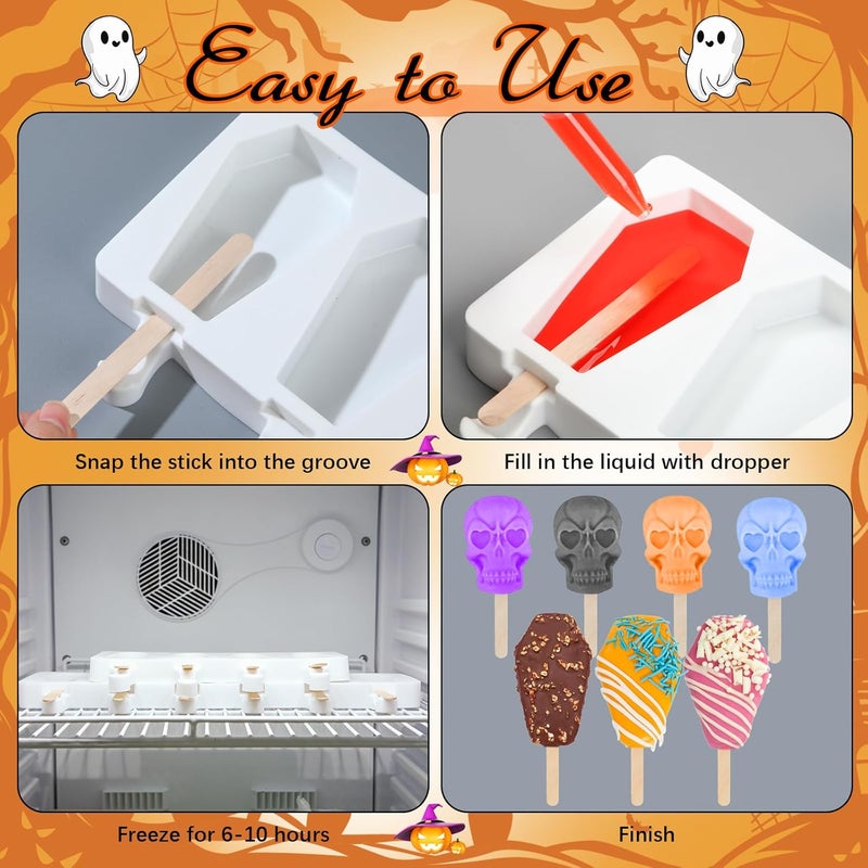 FillTouch 2 Pack Halloween Silicone Ice Cream Mold Homemade Mold Kits Silicone Ice Pops with 50 Wooden Sticks and 2 Droppers Craft Sticks for Baking and Home Snacks DIY (Coffin, Skull) - Image 5