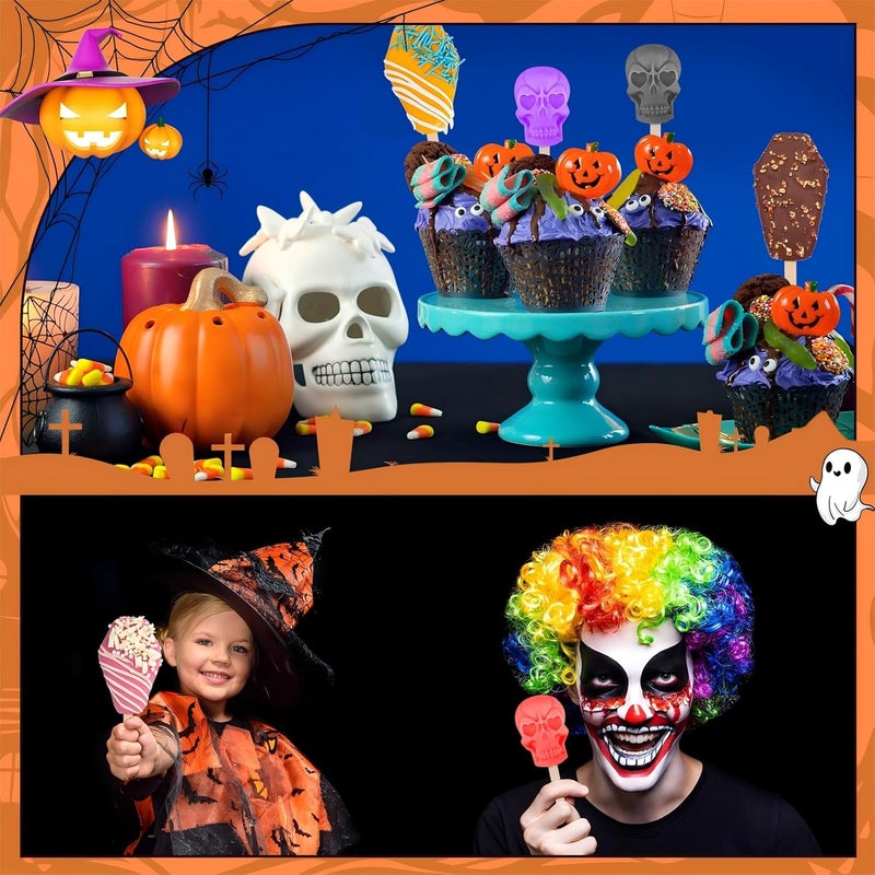 FillTouch 2 Pack Halloween Silicone Ice Cream Mold Homemade Mold Kits Silicone Ice Pops with 50 Wooden Sticks and 2 Droppers Craft Sticks for Baking and Home Snacks DIY (Coffin, Skull) - Image 3