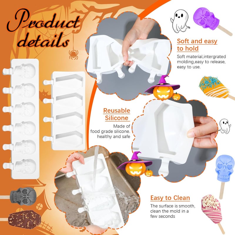 FillTouch 2 Pack Halloween Silicone Ice Cream Mold Homemade Mold Kits Silicone Ice Pops with 50 Wooden Sticks and 2 Droppers Craft Sticks for Baking and Home Snacks DIY (Coffin, Skull) - Image 4